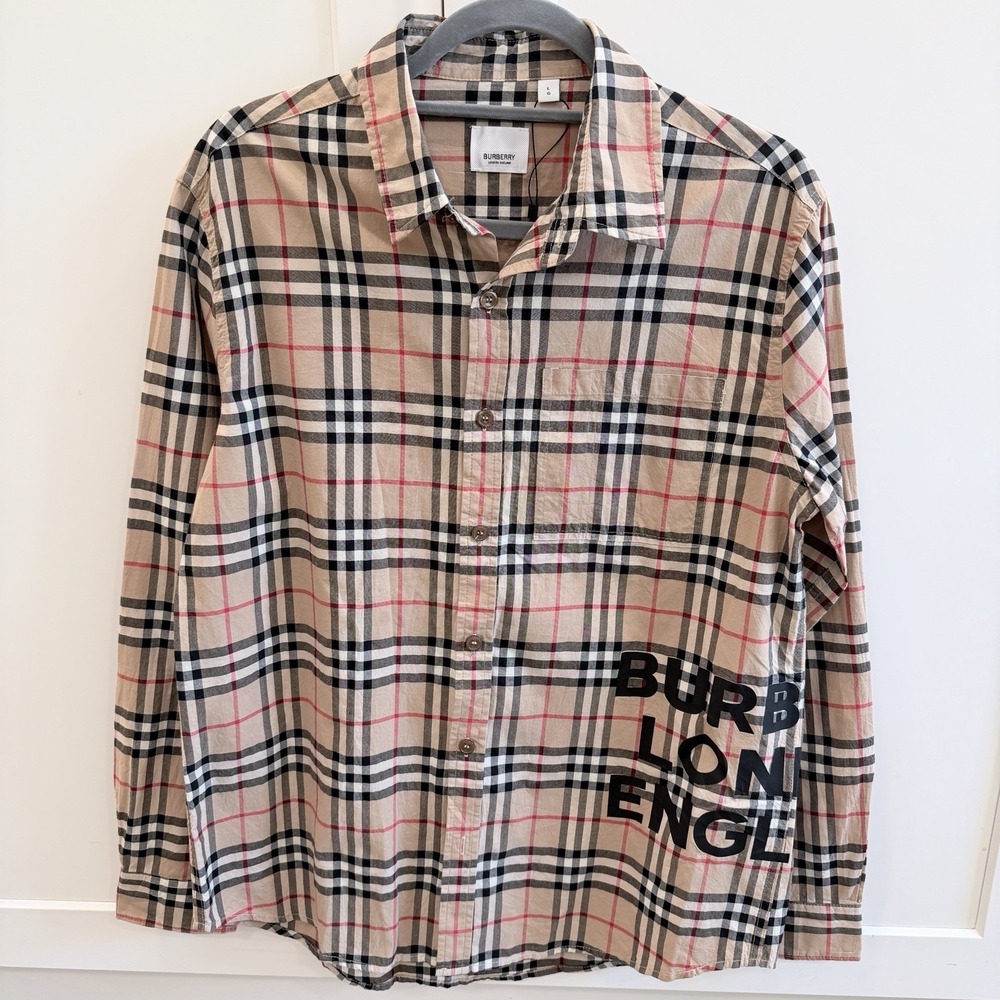 Burberry London England Check Logo Print Button Shirt Beige Men's Large - Picture 1 of 15